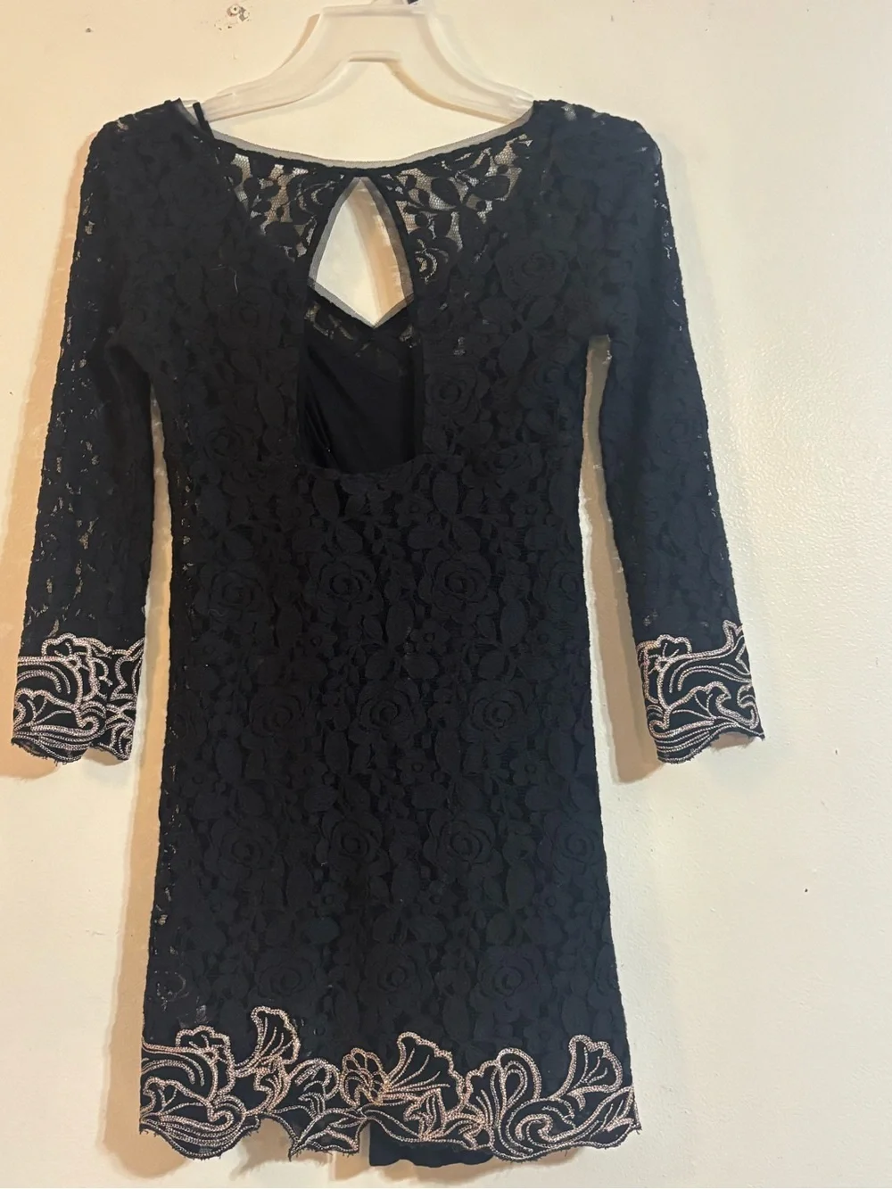 Free People Peony Black Lace Long Sleeve Dress with Blush Trim